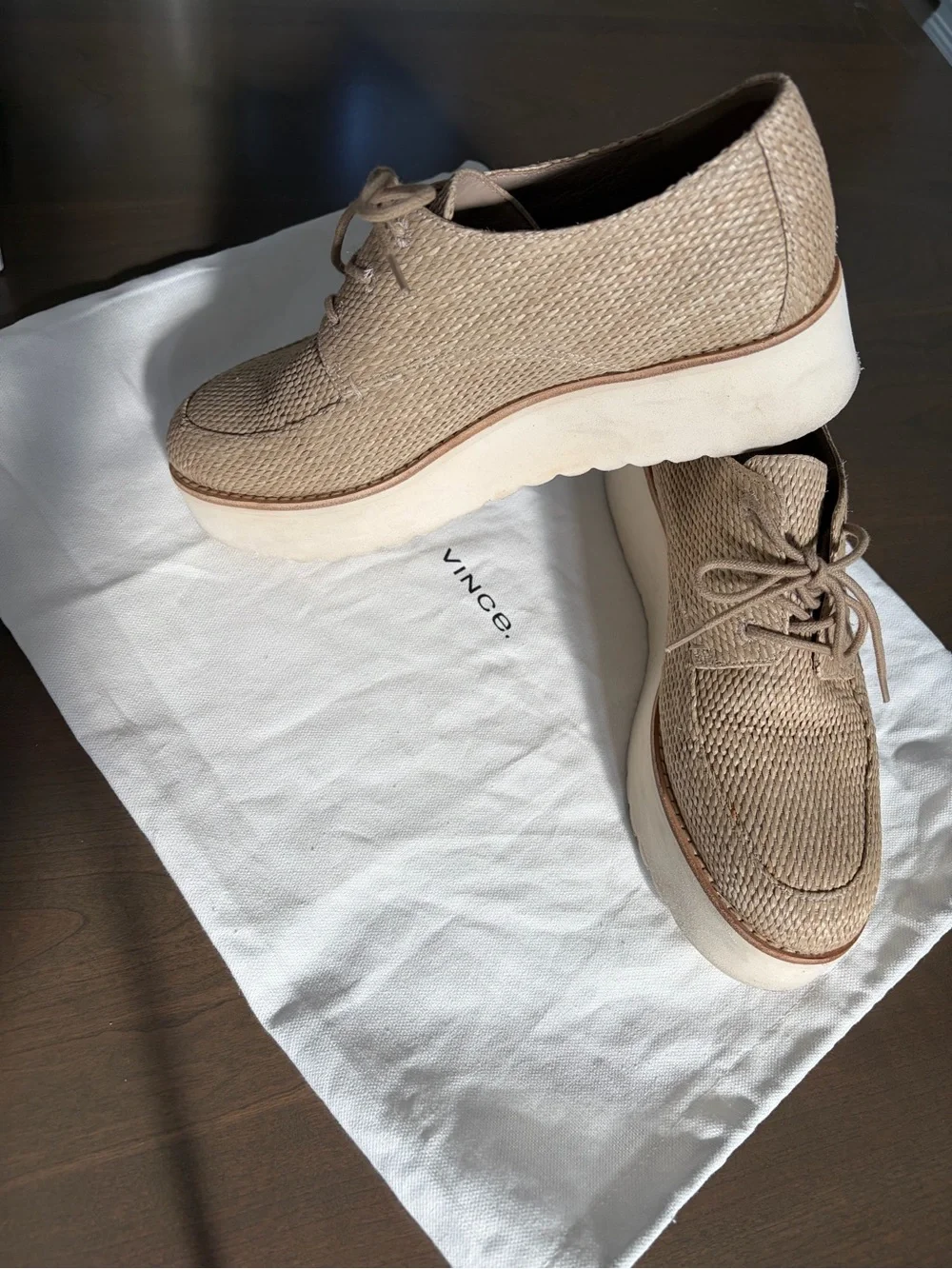 Vince Natural Beige Woven Espadrille Lace-Up Platforms